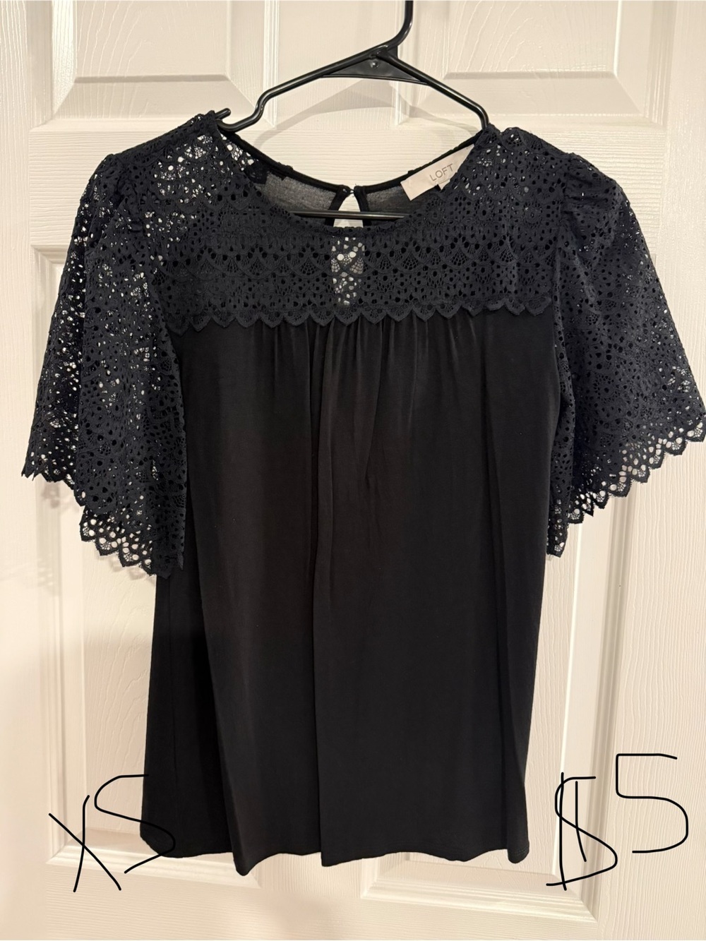 LOFT Black Eyelet Lace Yoke Flutter Sleeve Blouse